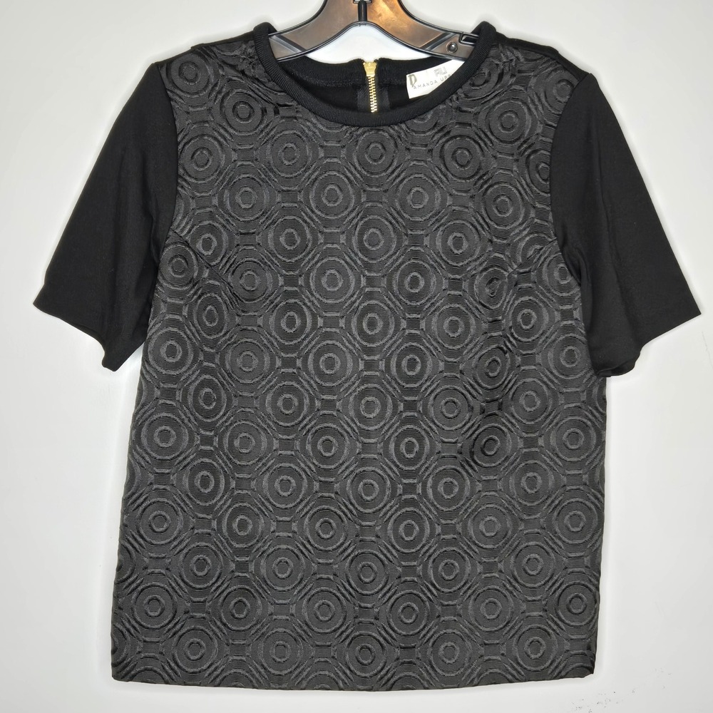 Amanda Uprichard Black Short Sleeve Top Textured Geometric Jacquard Gold Zip S